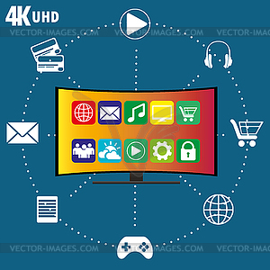 4K TV with icons of different applications - vector clip art