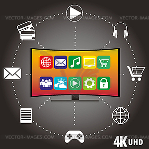 4K TV with icons of different applications - vector clip art