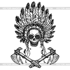 Free Vector  American indian chief skull with tomahawk. t-shirt label  design. hand drawn illustration.