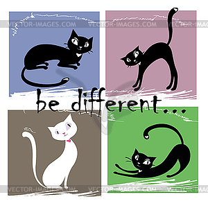 Будьте разные, один белый и три черных кота на - изображение в векторном формате