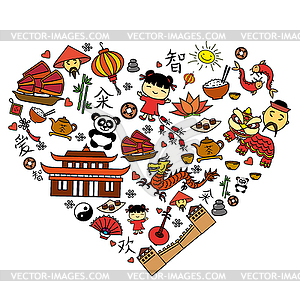 Chinese cartoon icon set in heart shape - vector image