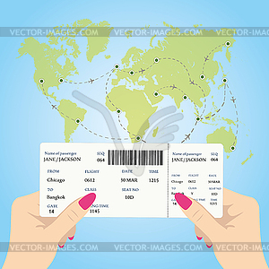 Women`s hands are holding boarding pass - color vector clipart