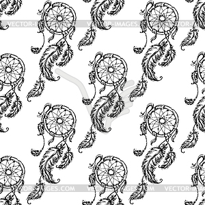 Seamless pattern Ethnic dream catcher with feathers - vector clipart