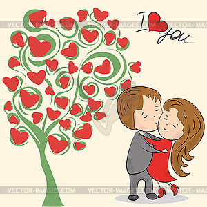 Greeting card, love tree, inscription I love you, - vector clip art