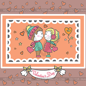 Couple in love with hearts, Valentine card - vector clipart