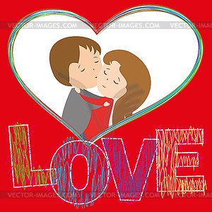 Word LOVE painted children`s style pencil, heart - vector clip art