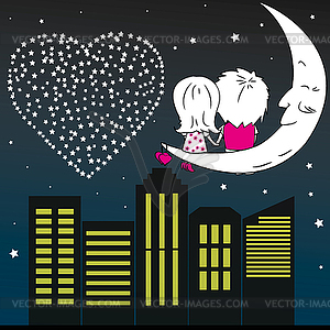 Любить пара мужчина и женщина, сидя на луне в - векторная иллюстрация