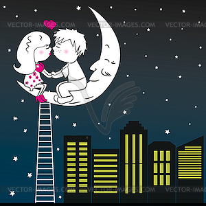 Loving couple kissing sitting on moon at night,  - vector image