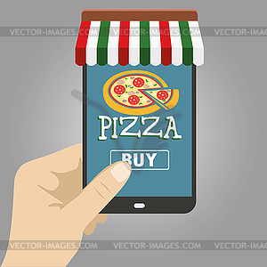 Hand holding smart phone, order pizza using - vector image