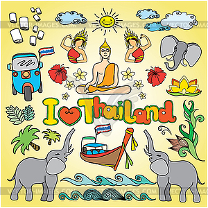 Я люблю Таиланд . Установите тайские цветные значки и символы - клипарт