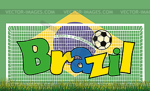 Football field, ball and football goals, inscriptio - vector image