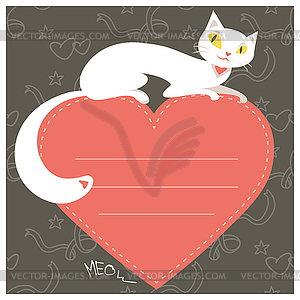 White cat and red heart and place for text - vector image