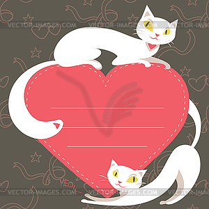 Couple of white cats and red heart - vector image