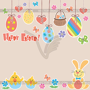 Easter Background with cute rabbit, colorful eggs - vector clipart