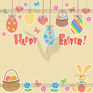 Easter Background with cute rabbit, colorful eggs - vector image