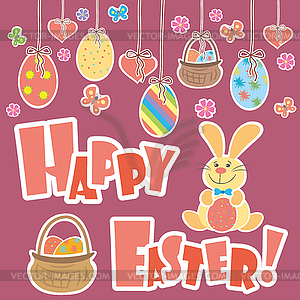 Easter Background with cute rabbit, colorful eggs - vector clipart