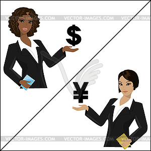 Girls holding dollar sign and yen sign - vector EPS clipart