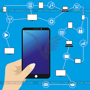 Conceptual picture of connection between gadgets - vector clipart