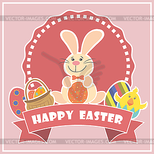 Easter Background with cute rabbit, colorful eggs - vector clipart