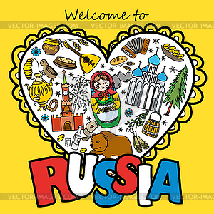 Russia travel heart set with traditional national - vector image
