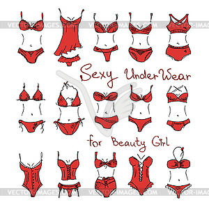 Set ladies sexy underwear, hand-drawn, - vector clipart