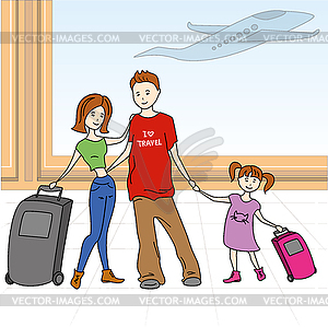 Family with luggage standing in airport - vector image