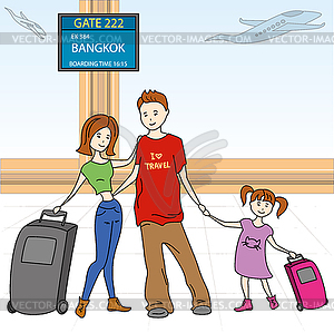 Family with luggage standing in airport - vector clipart