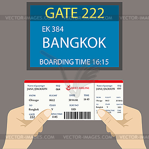 Boarding pass in hand and display near gate - vector clipart