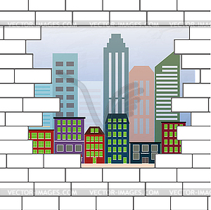 Break in brick wall with view city - vector clipart