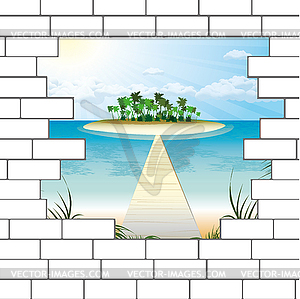 Break in brick wall with beautiful ocean beach - vector image