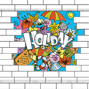 Break in brick wall with summer background - vector image