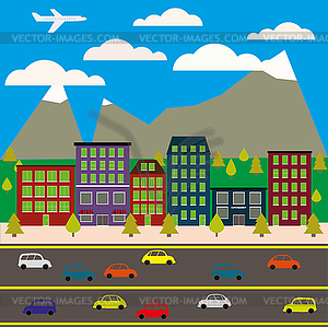 View of city in style flat, - vector clipart