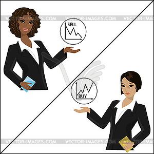 Girls hold stock charts - vector clipart