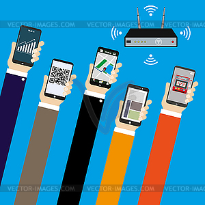 Mobile applications concept. Hand with phones, flat - vector image