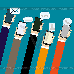 Mobile applications concept. Hand with phones, flat - vector clipart