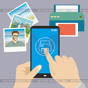 Smartphone in hand, finger presses on print icon, - vector image