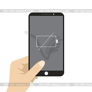 Hand holding smart phone which needs charging - vector clipart