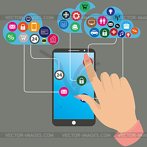 Human hand touching screen of smart phone - vector clip art