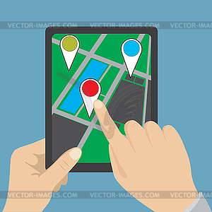 Hand touching blank screen of tablet computer - vector image