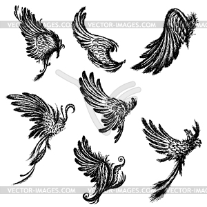 Set Wings ,hand drawing - vector clip art