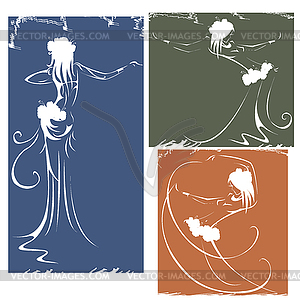 Silhouettes of dancers hula,bellydance, tribal - vector EPS clipart