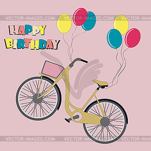 Happy birthday design with bike hanging on balloons - vector image