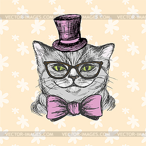 Fashion cat in hat, glasses and bow tie - vector image