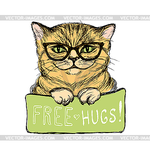 Cute cat wearing glasses with sign free hugs - vector clipart