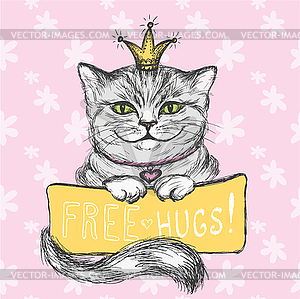 Cute card, Cat and inscription- free hugs, floral - vector image