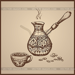 Старый Cezve, чашка, кофейные бобы - векторный дизайн