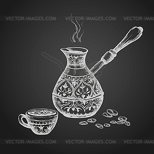 Old Cezve ,cup, coffee beans - vector clipart