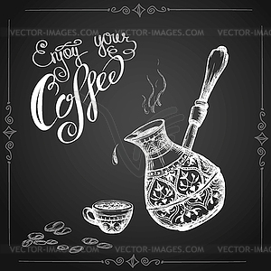 Old Cezve ,cup, coffee beans - vector image