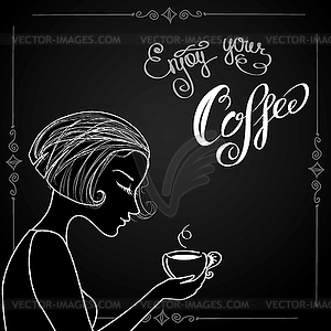 Beautiful female silhouette with cup of coffee - vector clip art