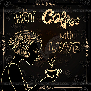 Beautiful female silhouette with cup of coffee - vector image